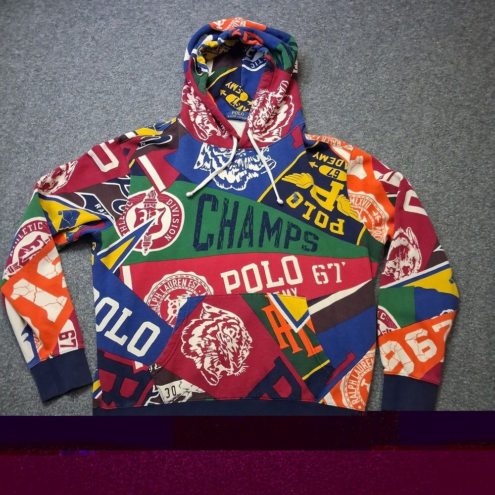Ralph Lauren Polo Varsity Pennant Print Fleece Sportsman Sweatshirt Hoodie L - Picture 6 of 13